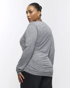 River Island Plus ruched side long sleeve top Grey Outlet
