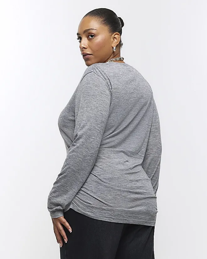 River Island Plus ruched side long sleeve top Grey Outlet