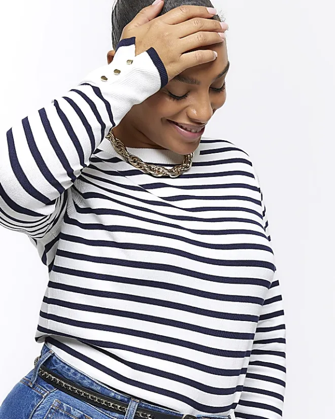 River Island Plus navy stripe knit top Blue New