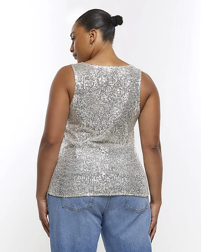 River Island Plus silver sequin tank top Grey Hot