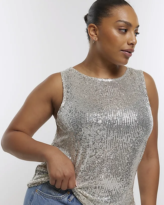River Island Plus silver sequin tank top Grey Hot