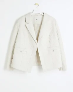 River Island Plus stone faux leather quilted blazer Cream Outlet