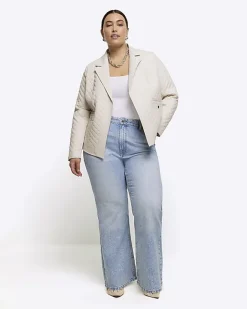 River Island Plus stone faux leather quilted blazer Cream Outlet