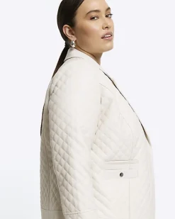River Island Plus stone faux leather quilted blazer Cream Outlet