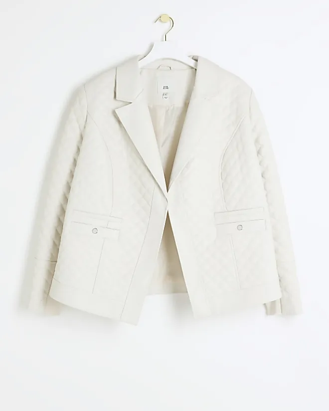 River Island Plus stone faux leather quilted blazer Cream Outlet