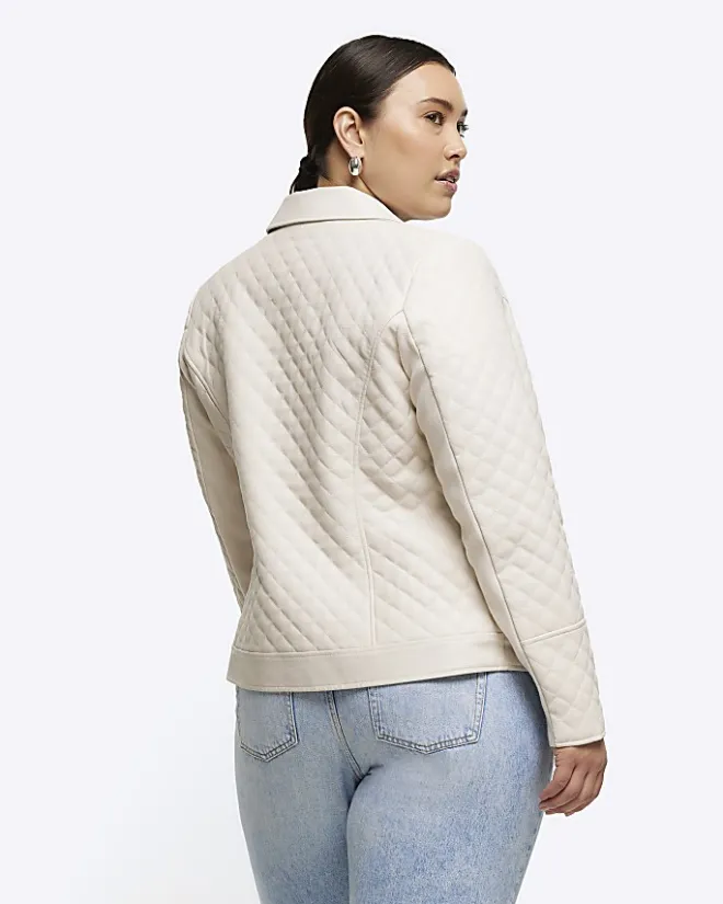 River Island Plus stone faux leather quilted blazer Cream Outlet