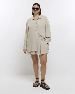 River Island Plus stone oversized shirt with linen Cream Best