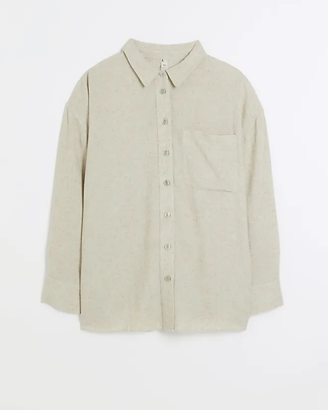 River Island Plus stone oversized shirt with linen Cream Best