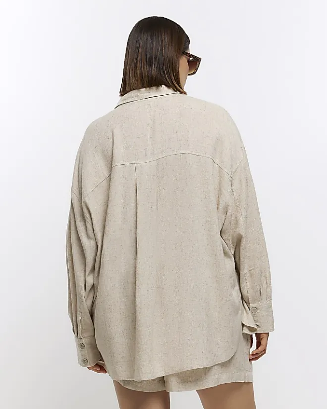 River Island Plus stone oversized shirt with linen Cream Best