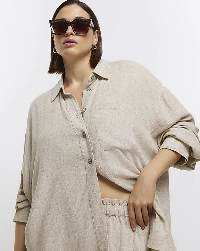 River Island Plus stone oversized shirt with linen Cream Best