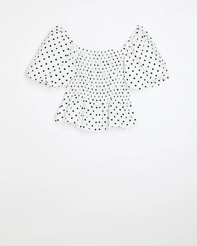 River Island Plus Polka Dot Shirred Bardot Top White Hot