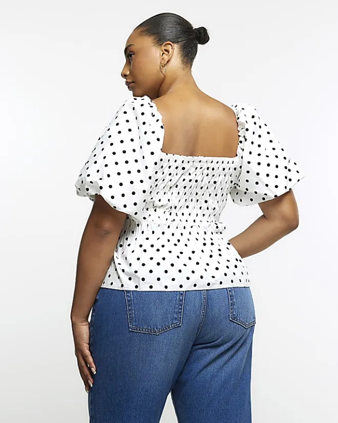 River Island Plus Polka Dot Shirred Bardot Top White Hot