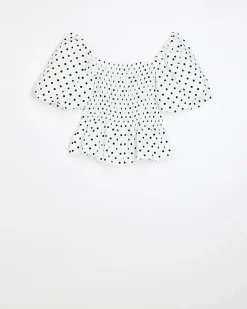 River Island Plus Polka Dot Shirred Bardot Top White Hot