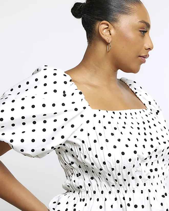River Island Plus Polka Dot Shirred Bardot Top White Hot