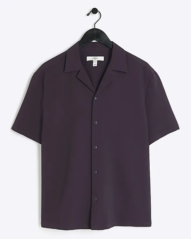 River Island regular fit seersucker revere shirt Purple Clearance