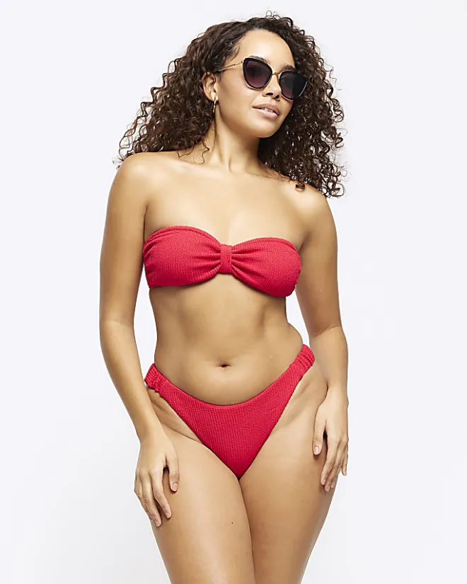 River Island crinkle bikini bottoms Red Online