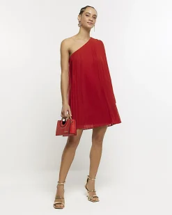River Island Red plisse one shoulder shift mini dress Orange Fashion