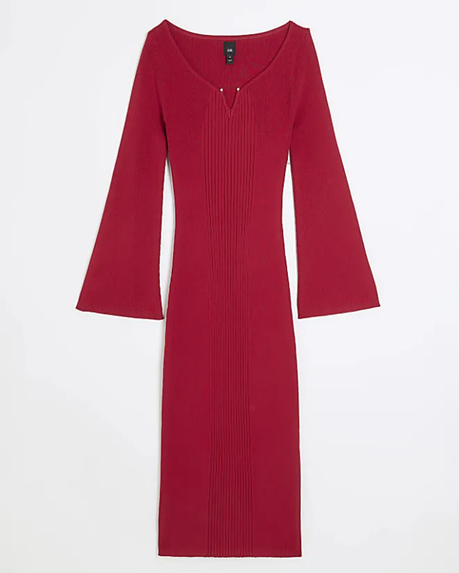 River Island rib long sleeve bodycon midi dress Red Discount