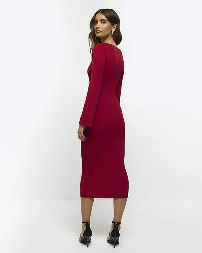 River Island rib long sleeve bodycon midi dress Red Discount