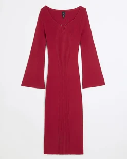 River Island rib long sleeve bodycon midi dress Red Discount