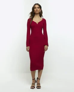 River Island rib long sleeve bodycon midi dress Red Discount