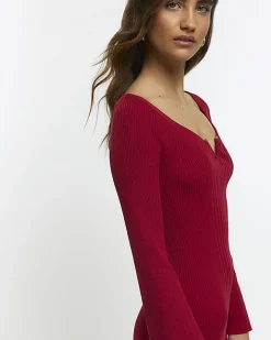 River Island rib long sleeve bodycon midi dress Red Discount