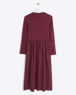 River Island rib long sleeve smock midi dress Red Discount