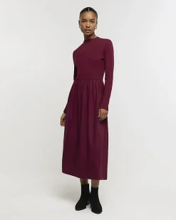 River Island rib long sleeve smock midi dress Red Discount