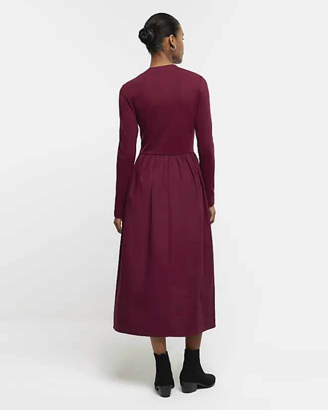 River Island rib long sleeve smock midi dress Red Discount
