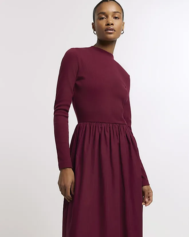 River Island rib long sleeve smock midi dress Red Discount