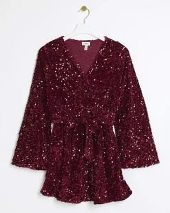 River Island sequin tie waist shift mini dress Red Online
