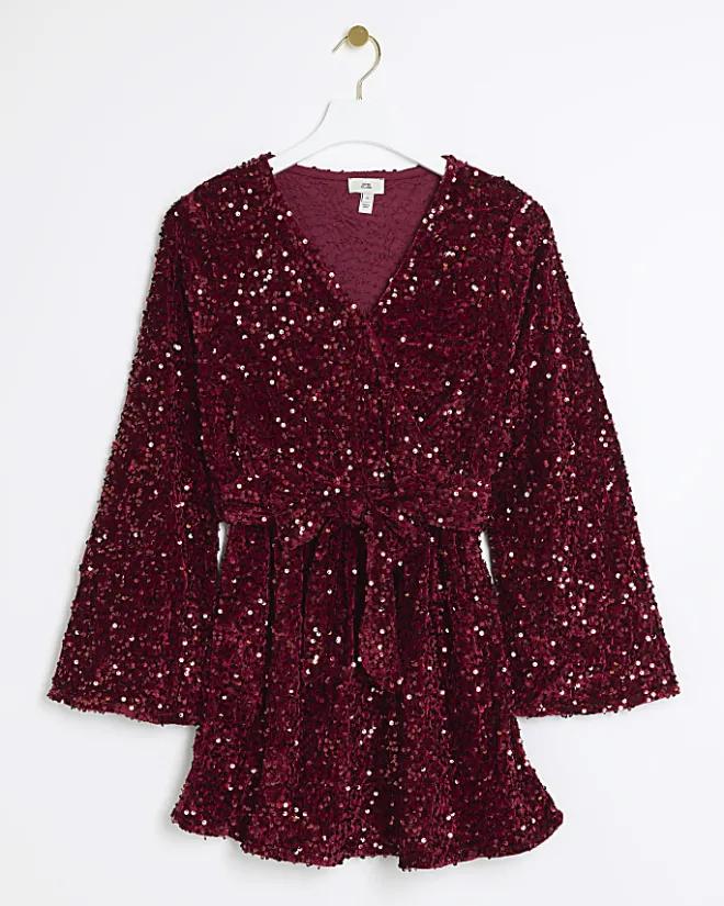 River Island sequin tie waist shift mini dress Red Online
