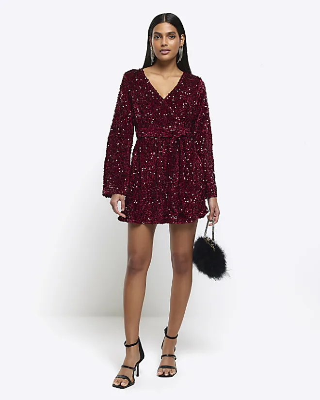 River Island sequin tie waist shift mini dress Red Online