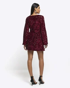 River Island sequin tie waist shift mini dress Red Online