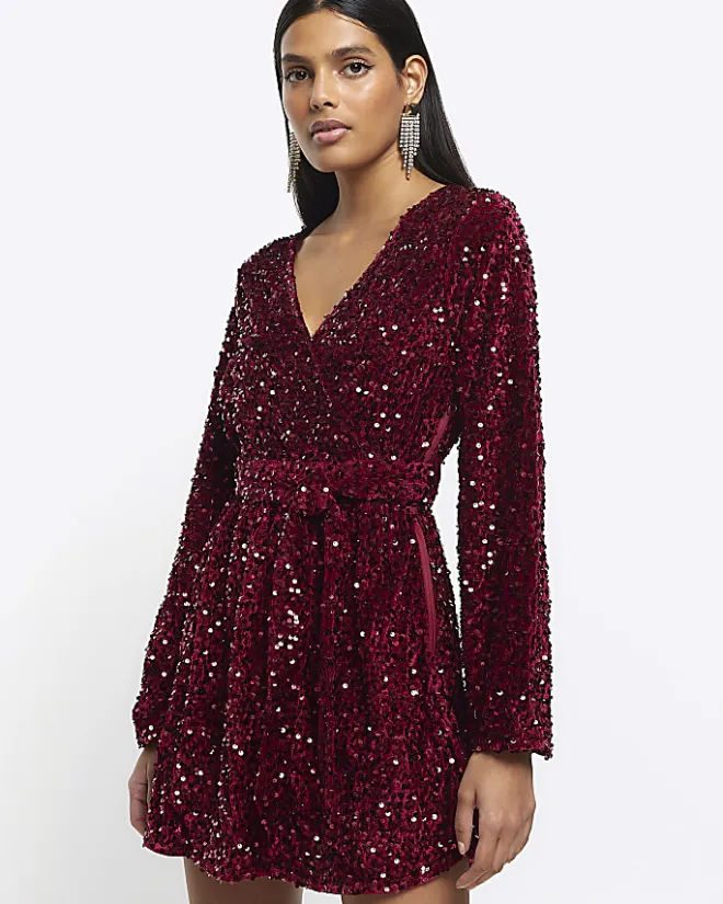 River Island sequin tie waist shift mini dress Red Online