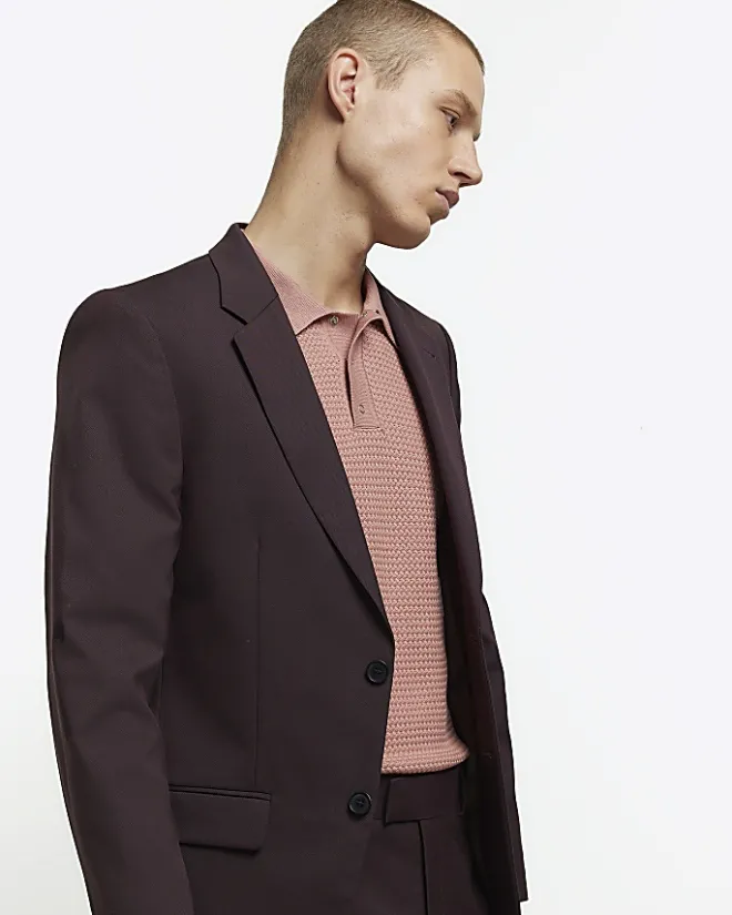 River Island slim fit twill suit jacket Red Online