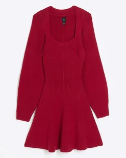 River Island square neck jumper mini dress Red Best