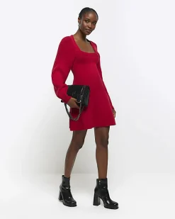 River Island square neck jumper mini dress Red Best