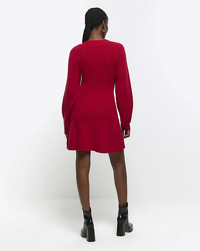River Island square neck jumper mini dress Red Best