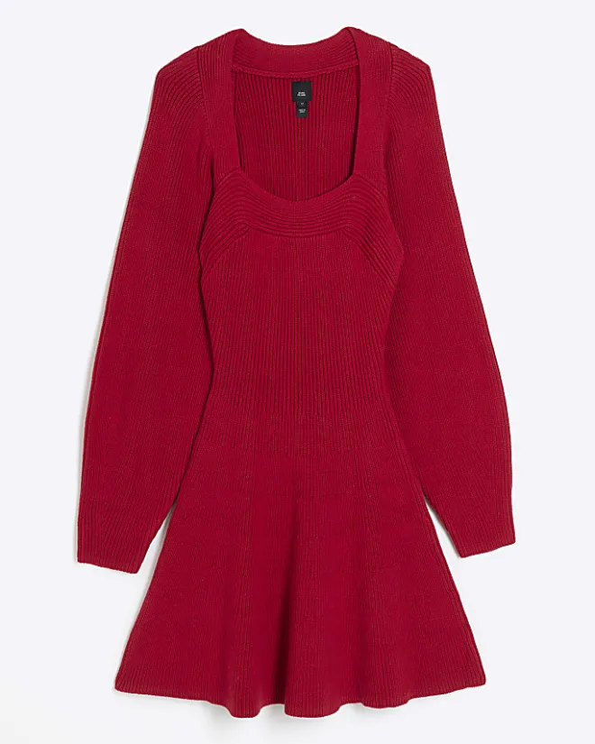 River Island square neck jumper mini dress Red Best