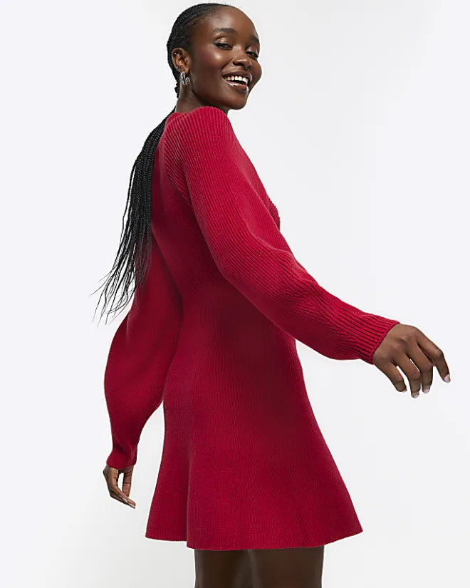 River Island square neck jumper mini dress Red Best
