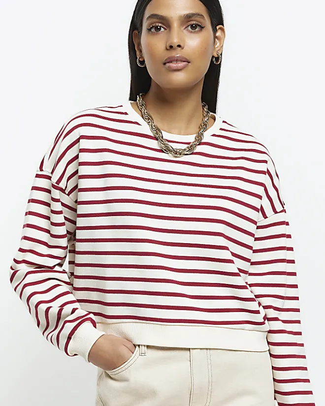 River Island stripe crop sweatshirt Red Best