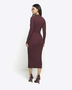 River Island textu belted bodycon midi dress Red New