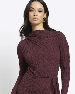 River Island textu belted bodycon midi dress Red New