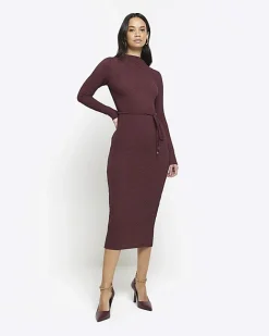 River Island textu belted bodycon midi dress Red New