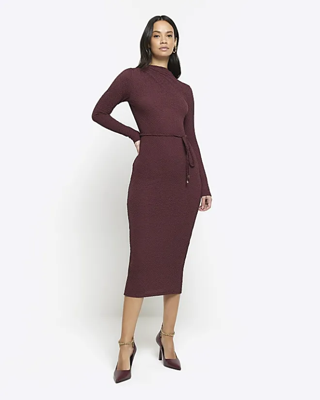 River Island textu belted bodycon midi dress Red New