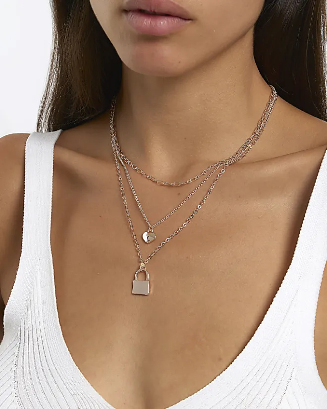River Island Rose gold heart and lock multirow necklace Yellow Hot