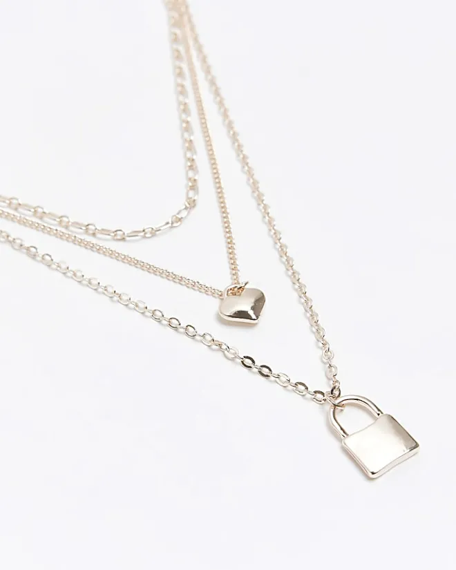 River Island Rose gold heart and lock multirow necklace Yellow Hot