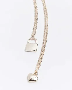 River Island Rose gold heart and lock multirow necklace Yellow Hot