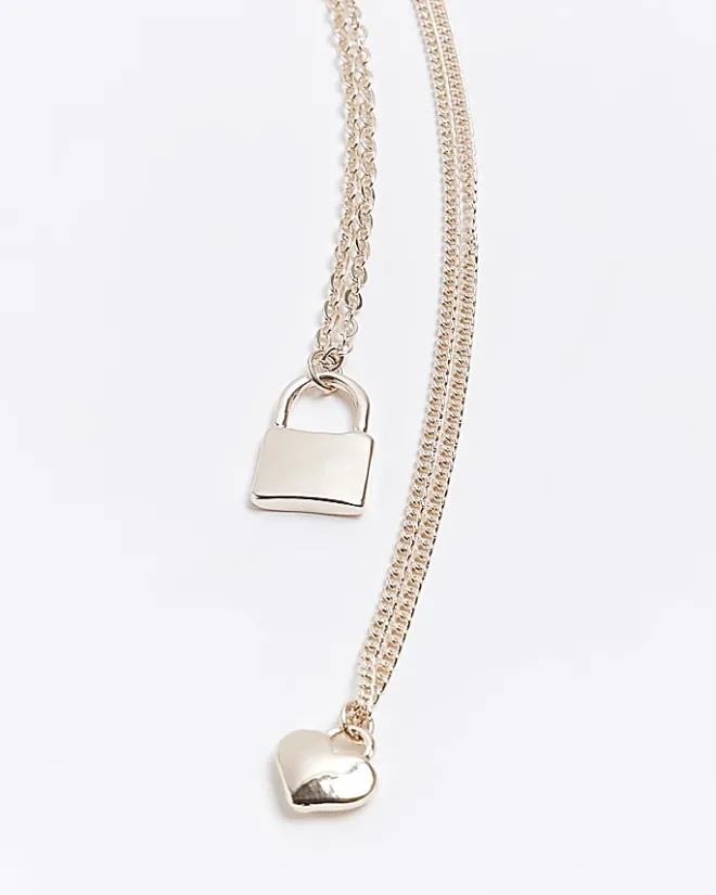River Island Rose gold heart and lock multirow necklace Yellow Hot